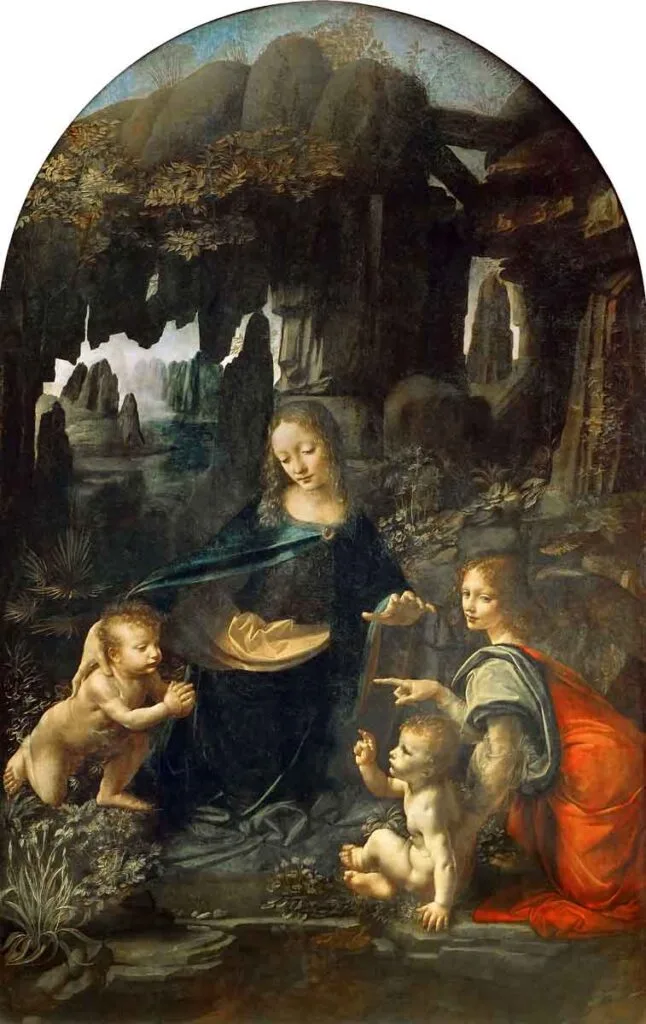 Virgen de las rocas por Leonardo Da Vinci. Versión que se encuentra en el museo Louvre.