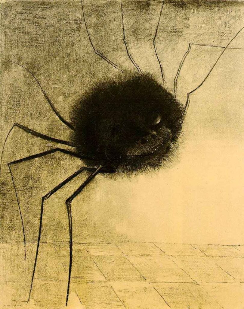 La araña sonriente, un inquietante dibujo a carboncillo de Odilon Redon.
