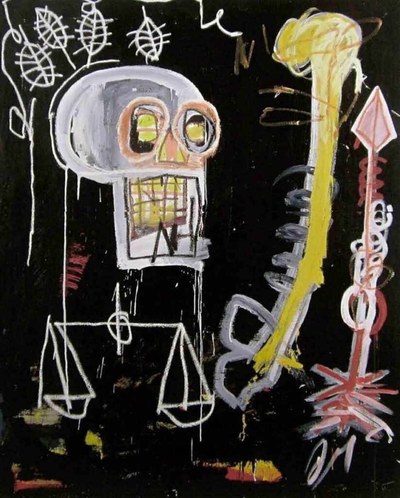 Calavera blanca sobre fondo negro dibujada por Basquiat.