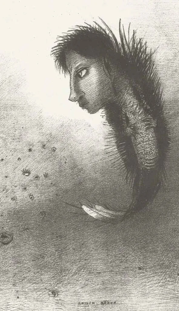 Dibujo en blanco y negro de una criatura extraña con forma de pez y cabeza humana.