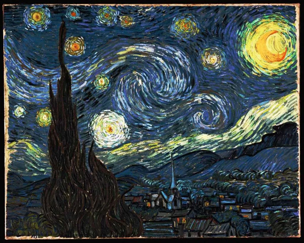 La noche estrellada representa una escena nocturna que Van Gogh pintó durante su estancia en un asilo o sanatorio mental. 