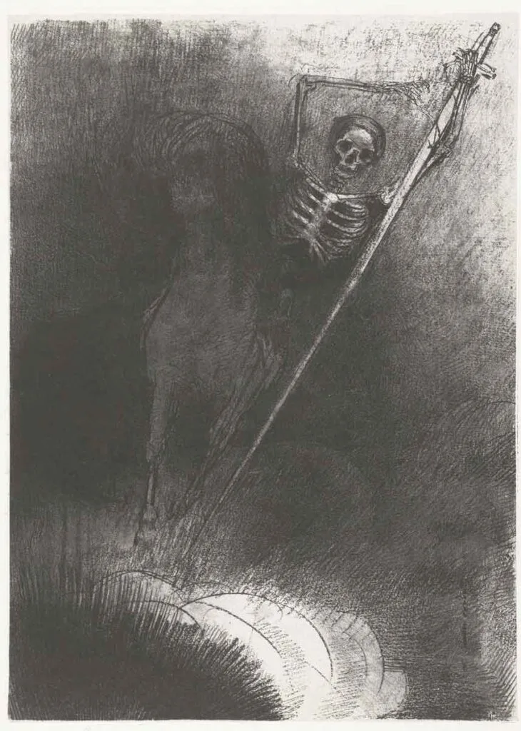 Cuadro de Odilon Redon de una calavera sobre un caballo en color blanco y negro.