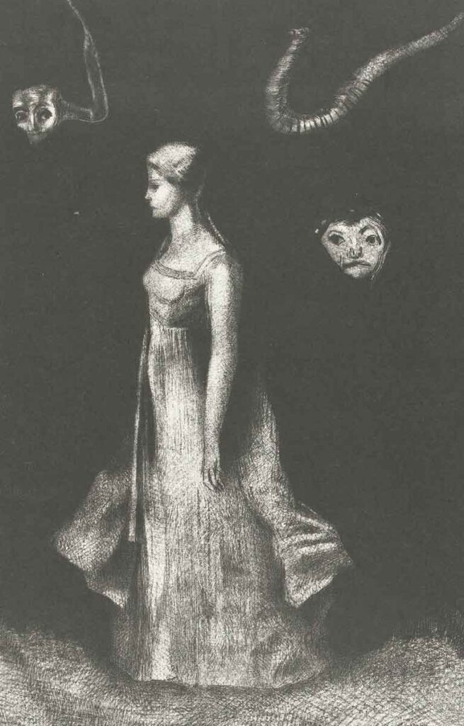 Extraño dibujo de Odilon Redon de una mujer acompañada de extrañas criaturas flotantes