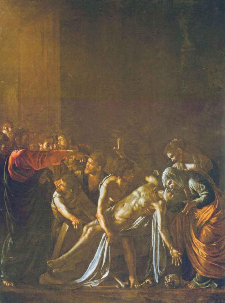 La resurrección de Lázaro representa la mítica escena bíblica. Pintado por Caravaggio.